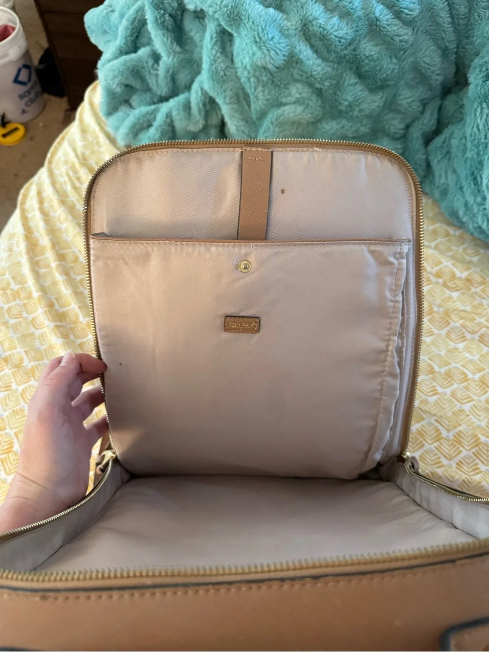 Calpak Kaya Brown Woven-Trim Laptop Backpack